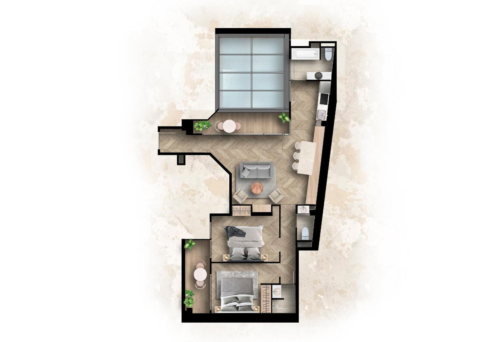 Apartamento de 2 dormitorios con balcón y terraza